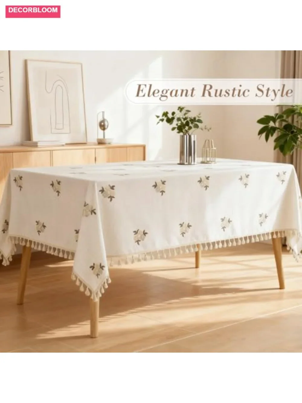 Linen Blend Embroidered Floral Rectangle Tablecloth Tassel 60x84 Farmhouse